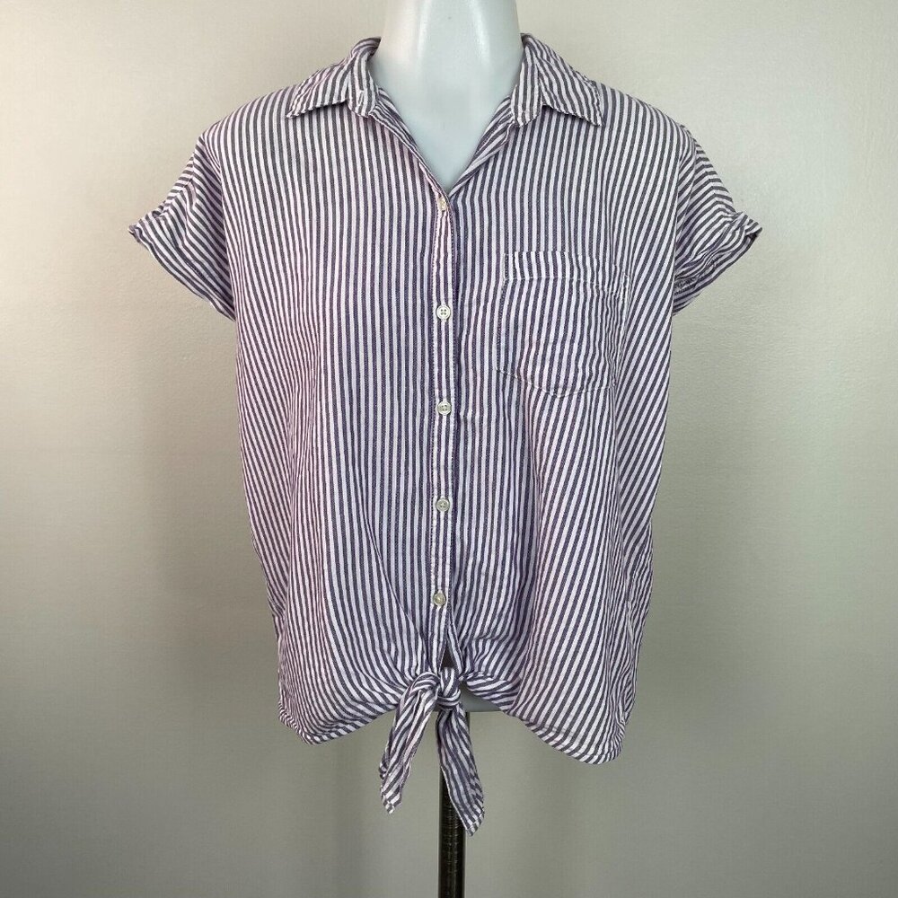 Old Navy Top Small Purple Striped Button-Up Tie-Front Cotton Shirt Women's‎